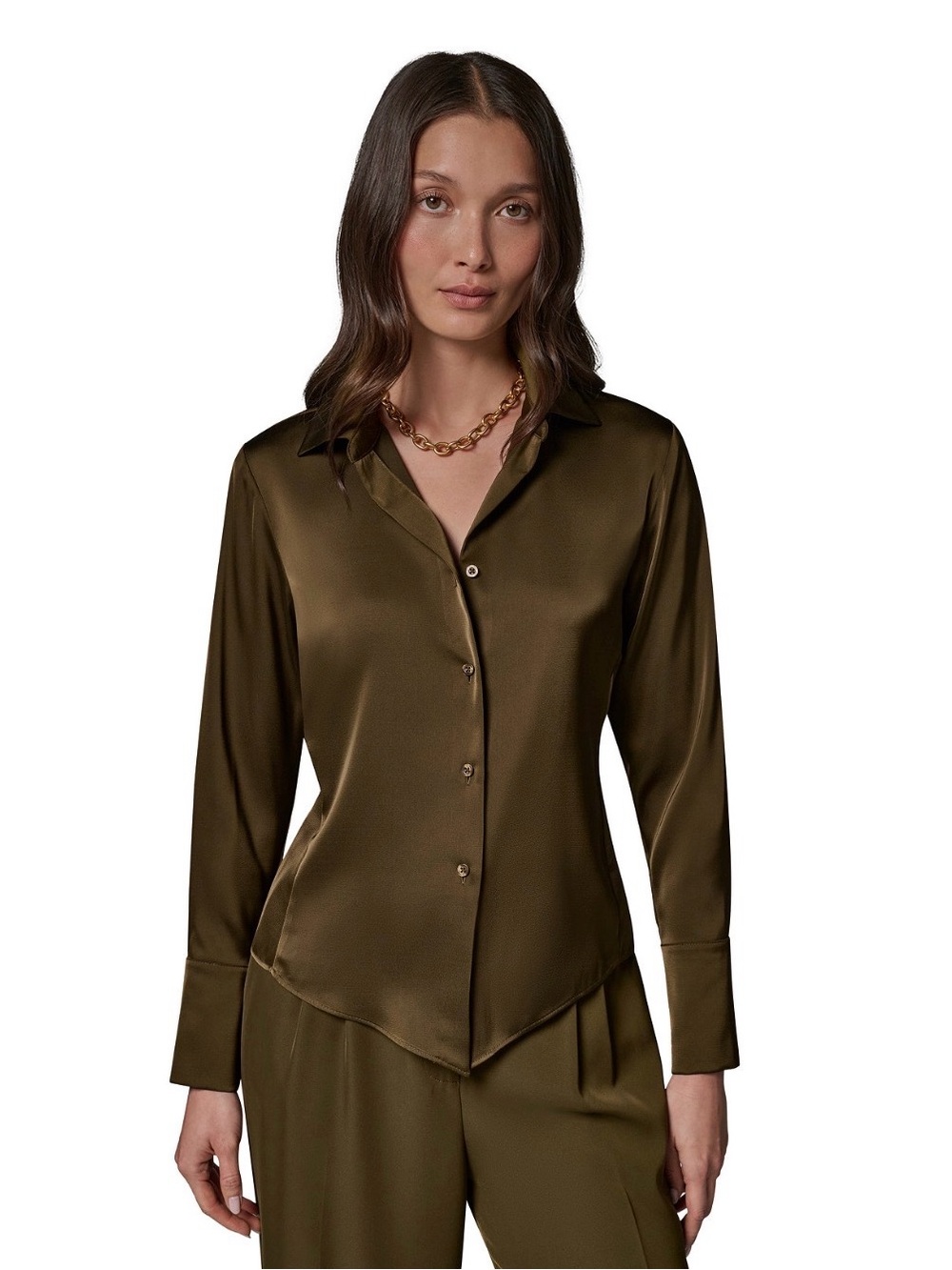 NWT Donna Karan Petite Collared Button-Up Blouse. PETITE LARGE. Olive Brine